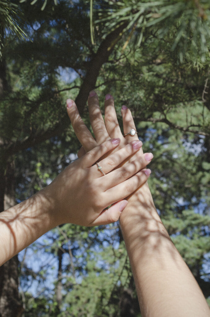 Dos manos con anillos sobre fondo de árboles.
